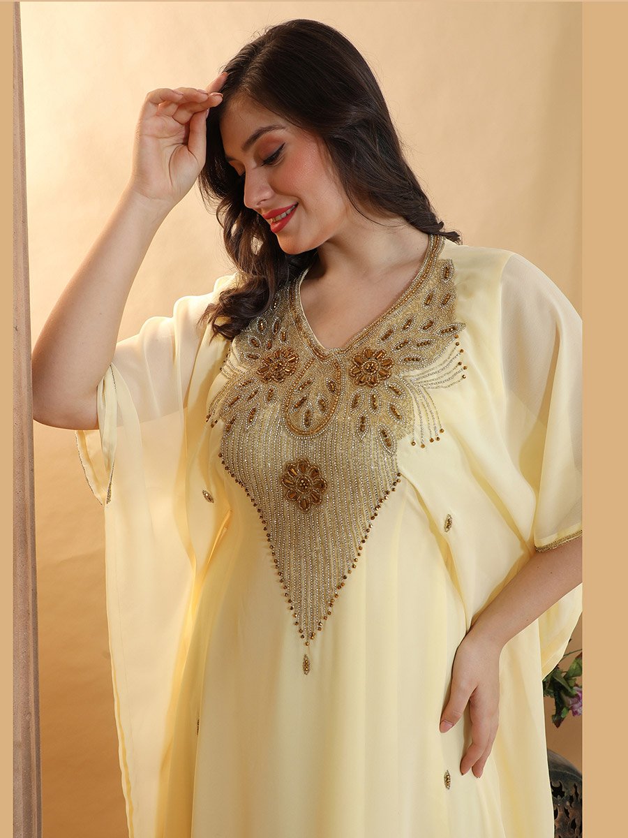 Yellow Premium Crystal Stone Hand-Beaded Kaftan