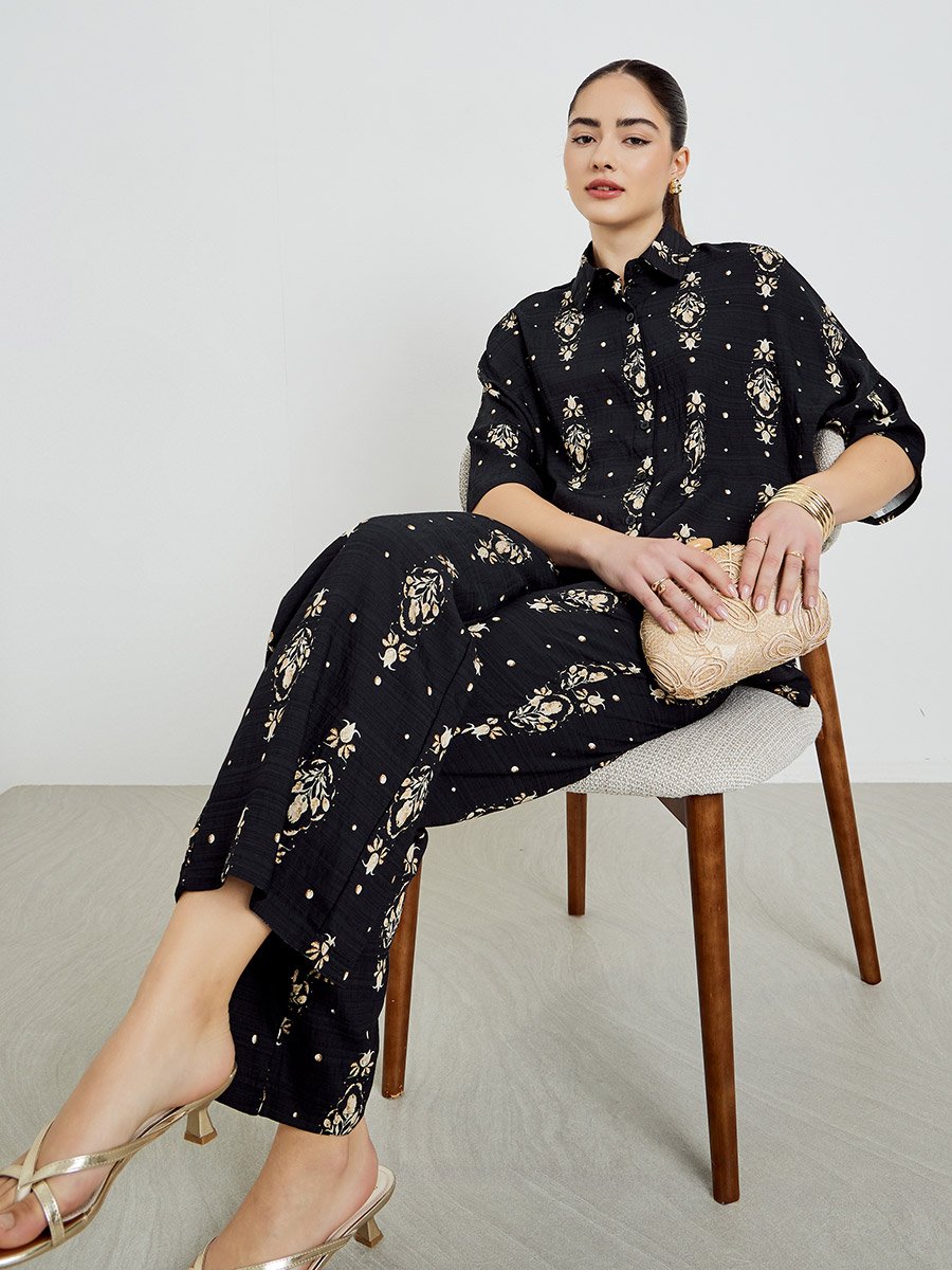 Black Printed Shirt and Pants Co-Ords