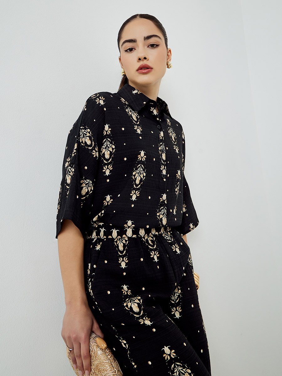 Black Printed Shirt and Pants Co-Ords