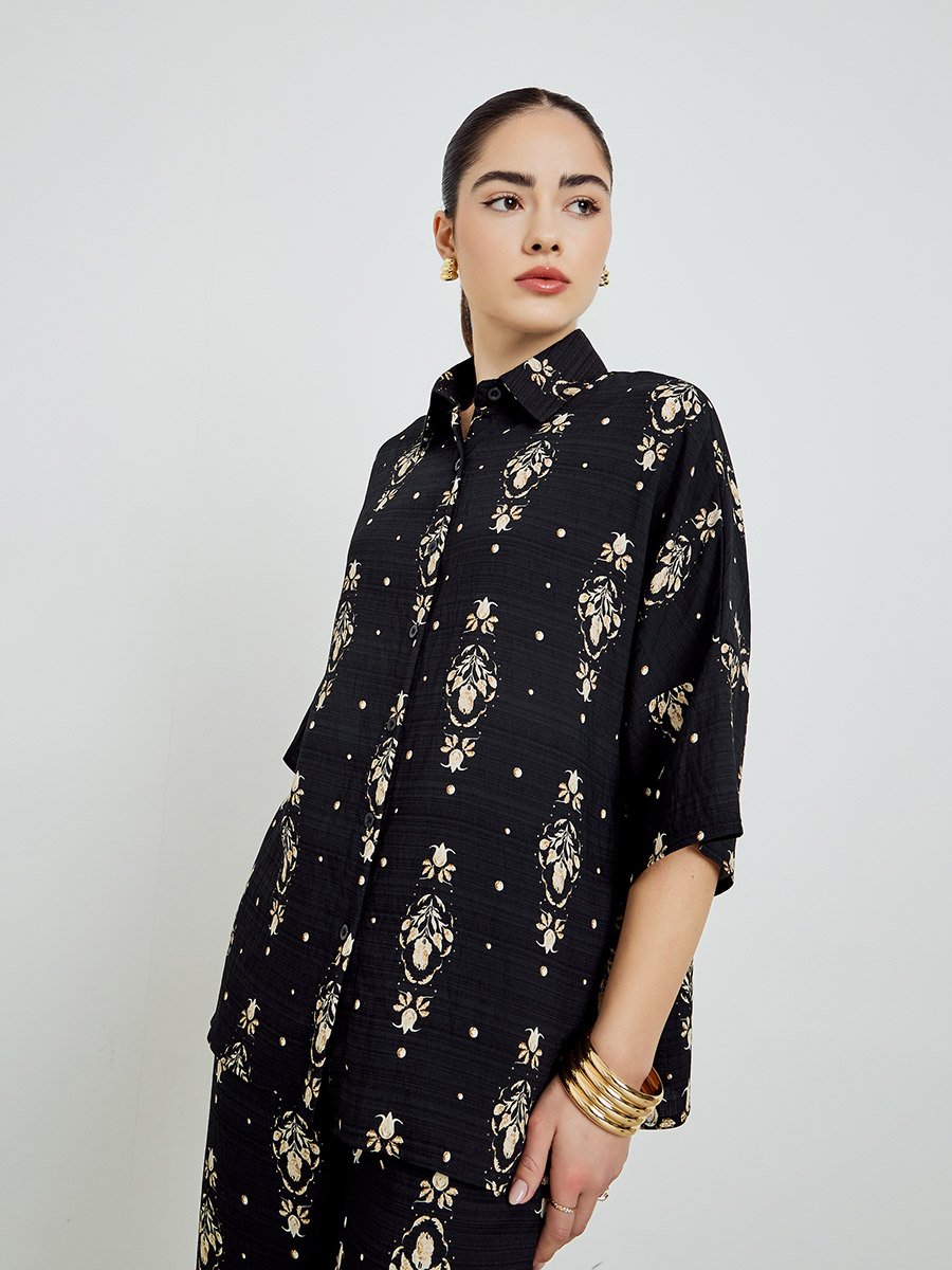 Black Printed Shirt and Pants Co-Ords
