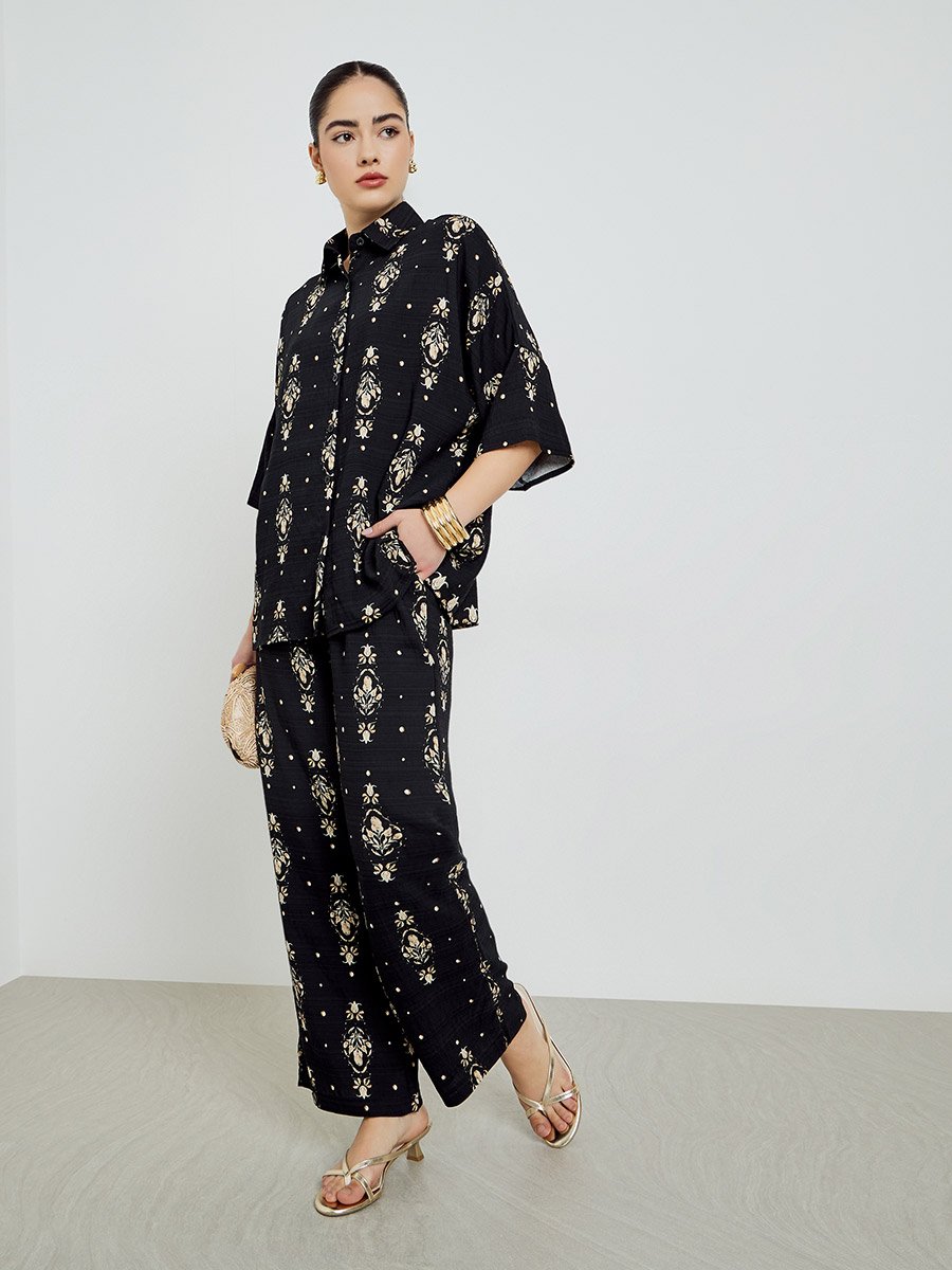 Black Printed Shirt and Pants Co-Ords