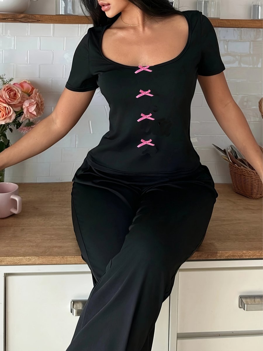 Black Bow Detail Top with Pyjama Set