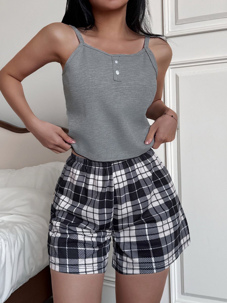 Grey Strappy Top with Shorts Pyjama Set
