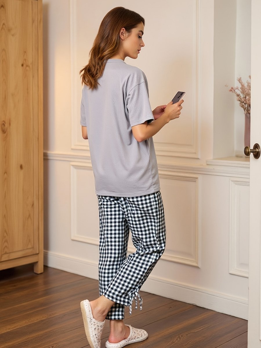 Grey Short Sleeve T-Shirt and Checked Pyjama Set