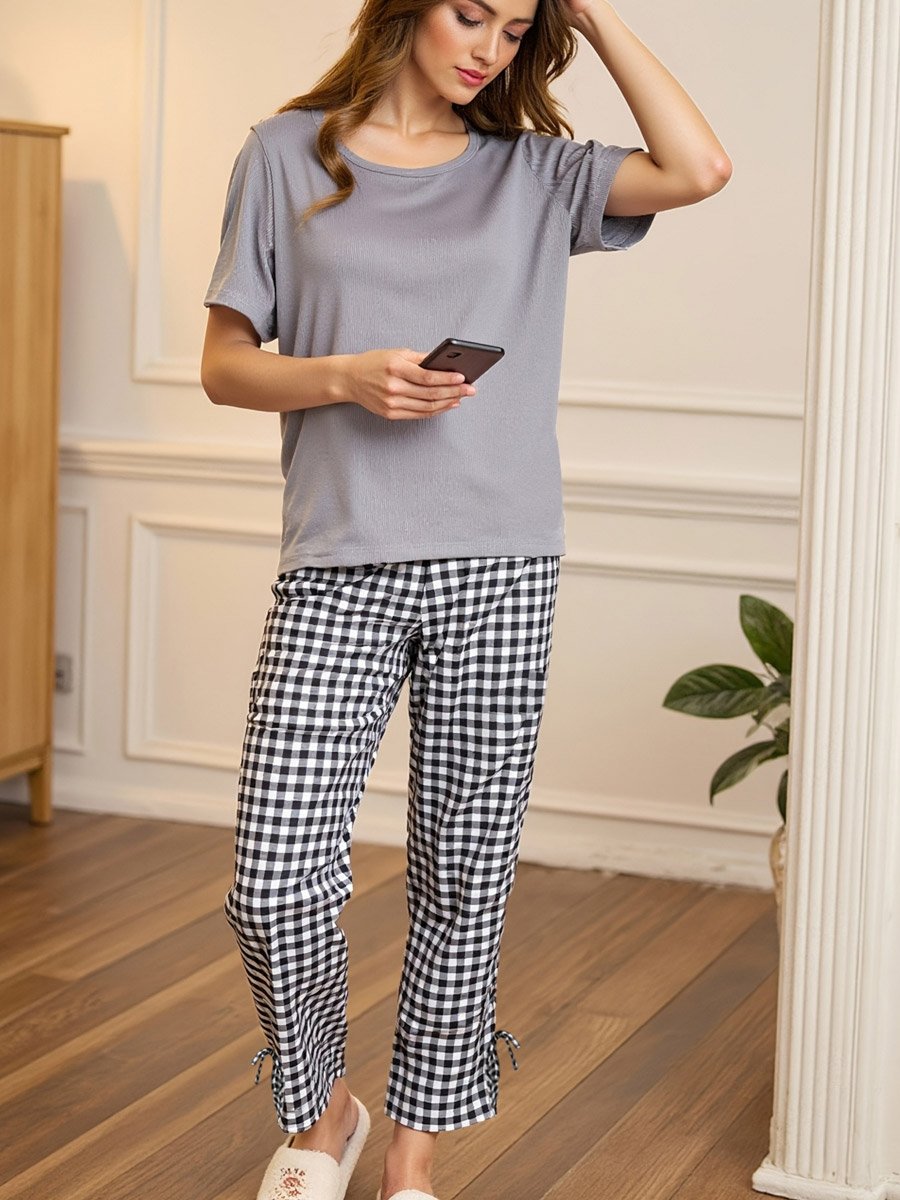 Grey Short Sleeve T-Shirt and Checked Pyjama Set