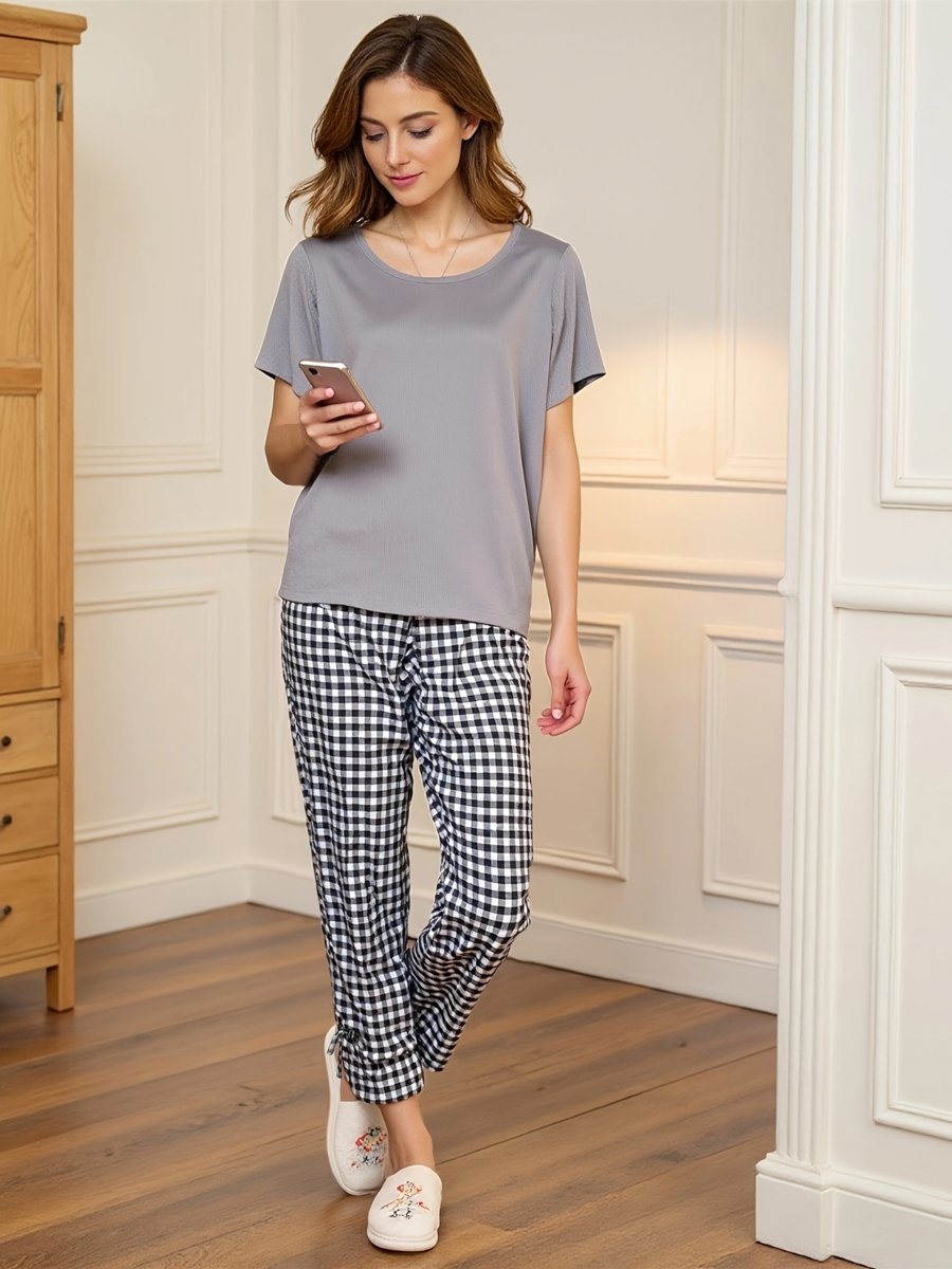 Grey Short Sleeve T-Shirt and Checked Pyjama Set