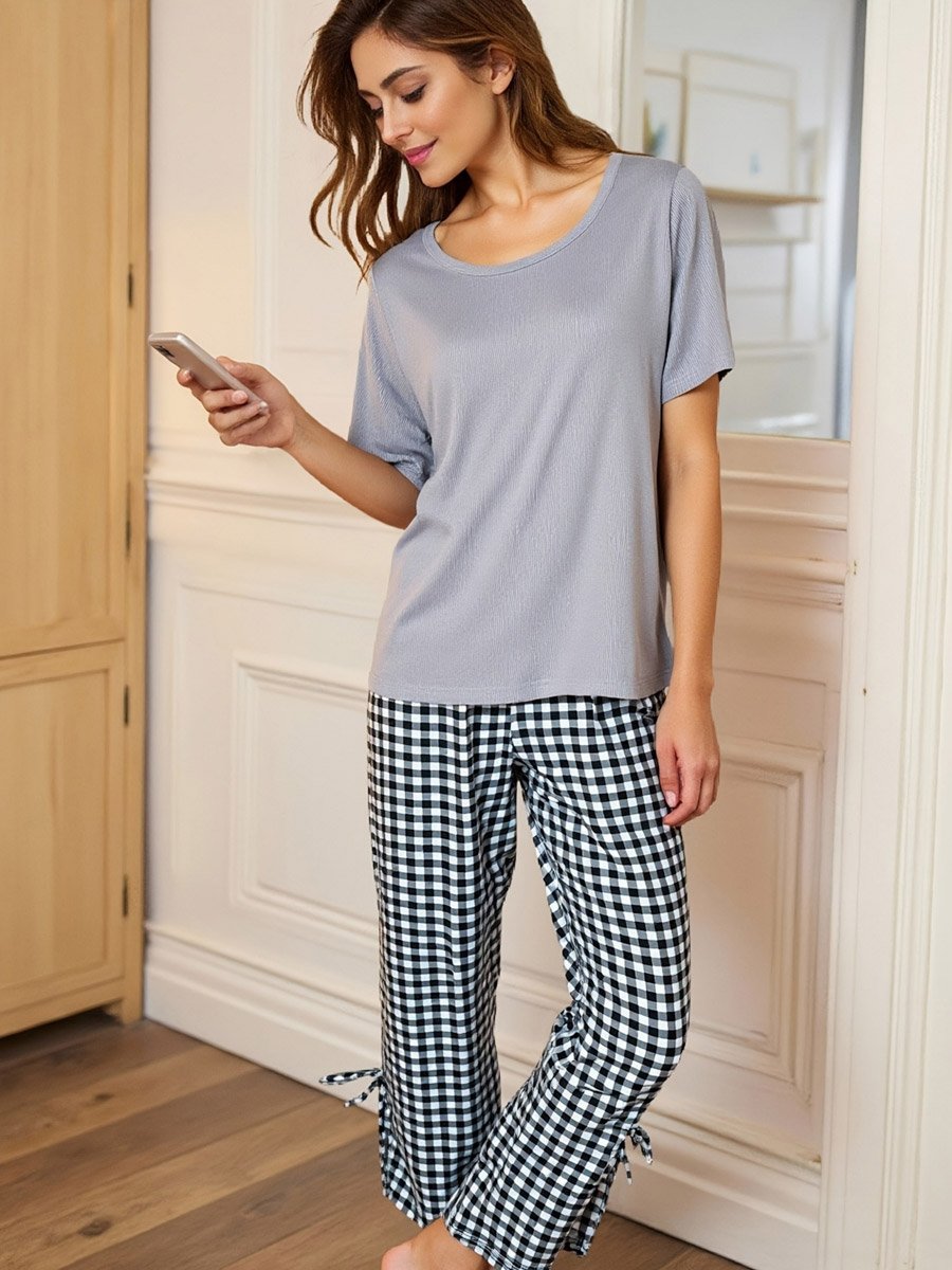 Grey Short Sleeve T-Shirt and Checked Pyjama Set