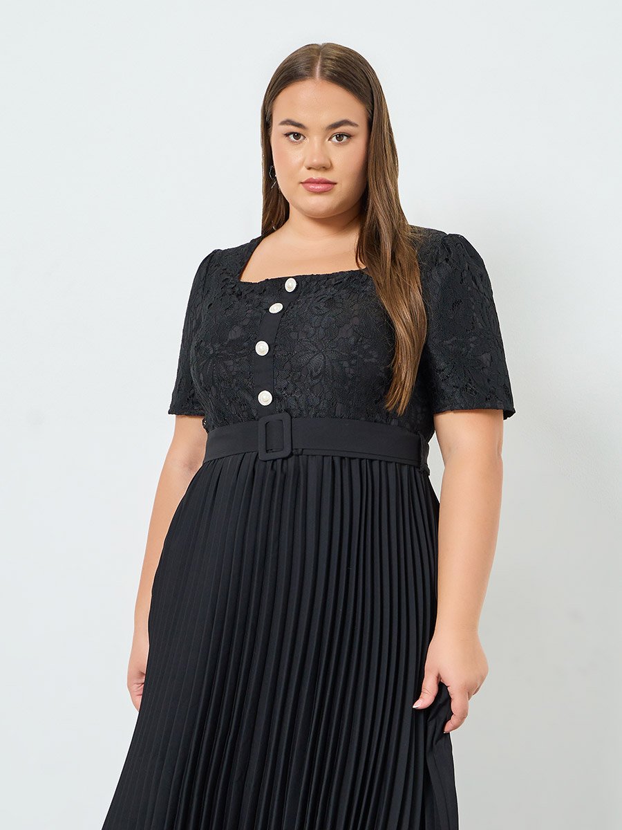 plus size black pleated dress Lace Pleated Dresses Half Sleeve Plus Size Cocktail Dress – AOMEI DRESS