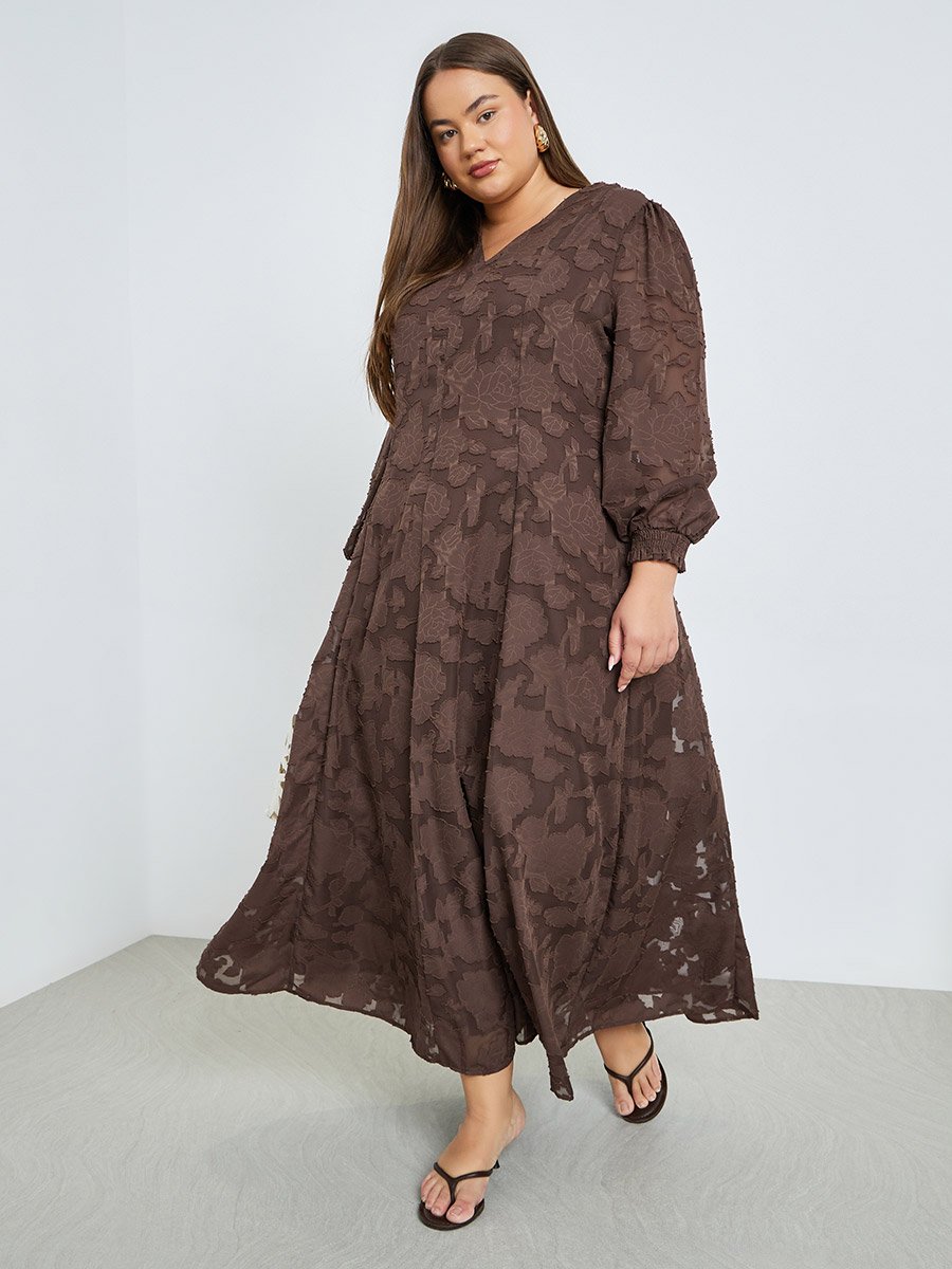 Plus Size Jacquard V Neck Maxi Dress