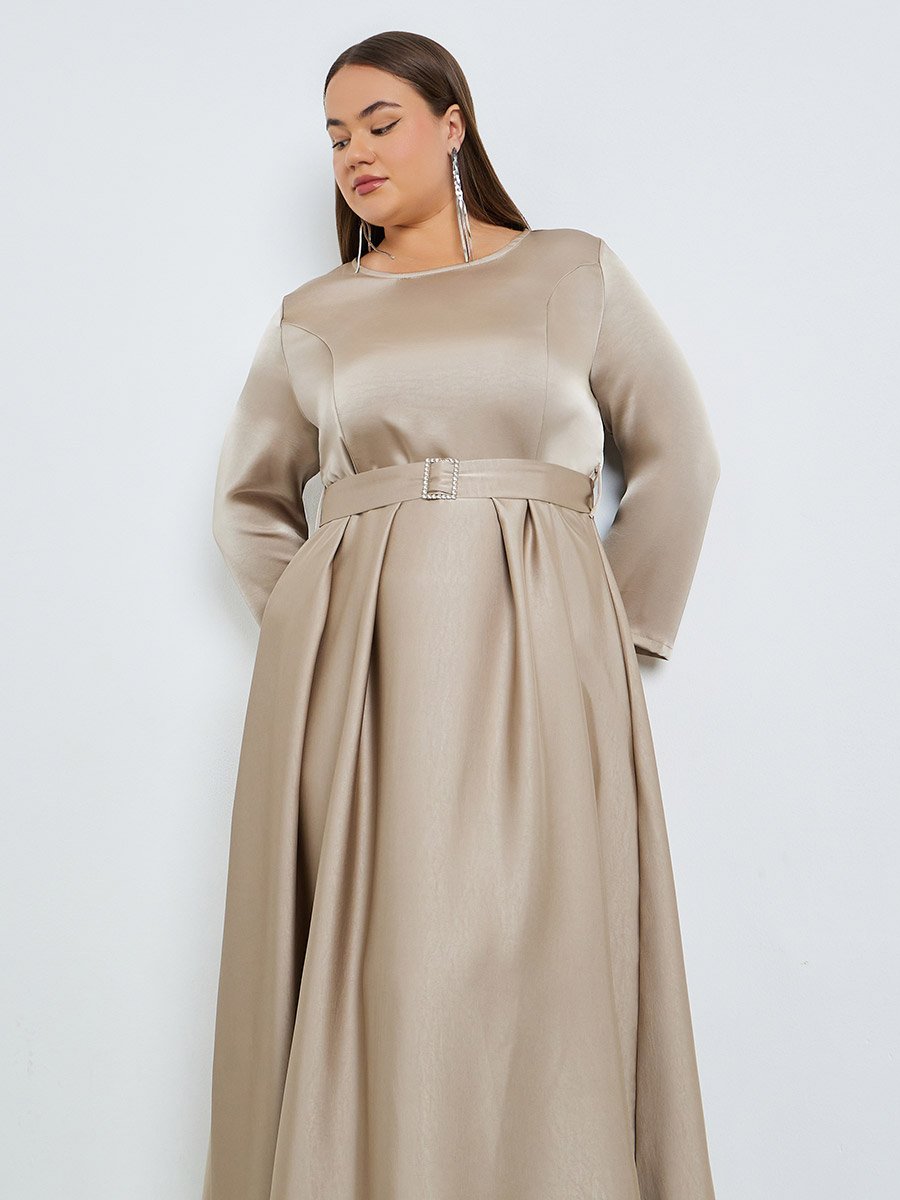 Plus Size Satin A-Line Maxi Dress with Belt