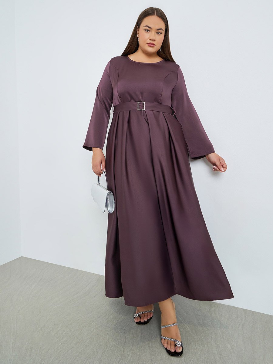 Plus Size Satin A-Line Maxi Dress with Belt