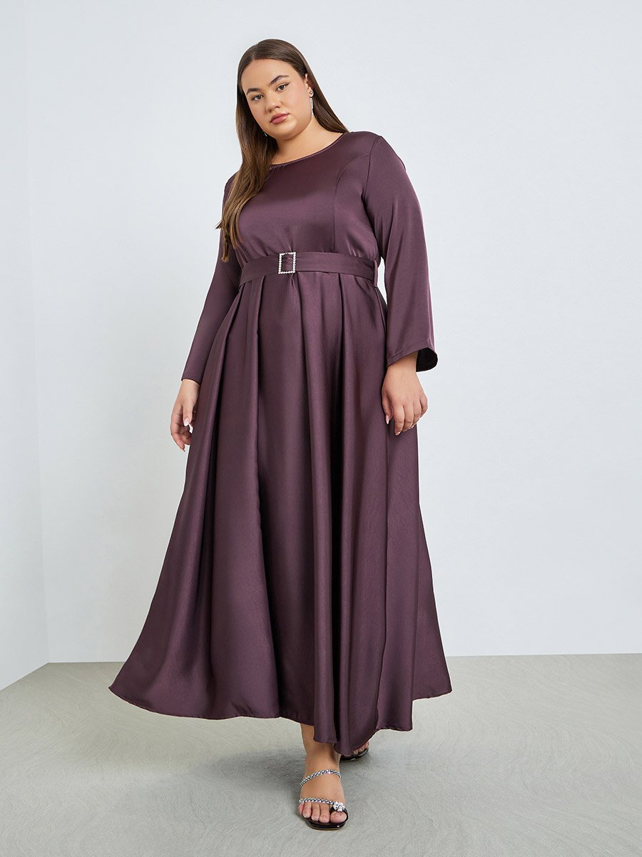 Plus Size Satin A-Line Maxi Dress with Belt