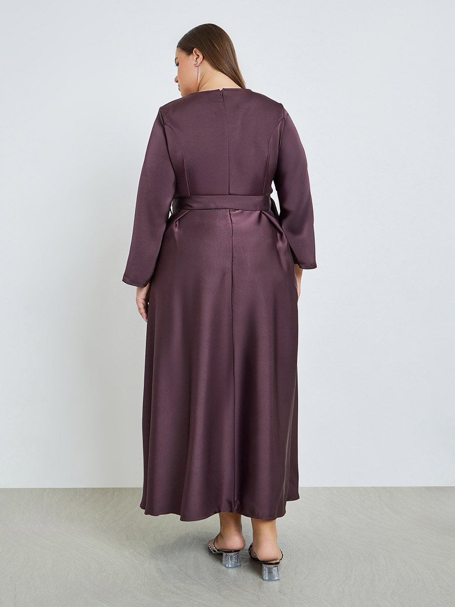 Plus Size Satin A-Line Maxi Dress with Belt