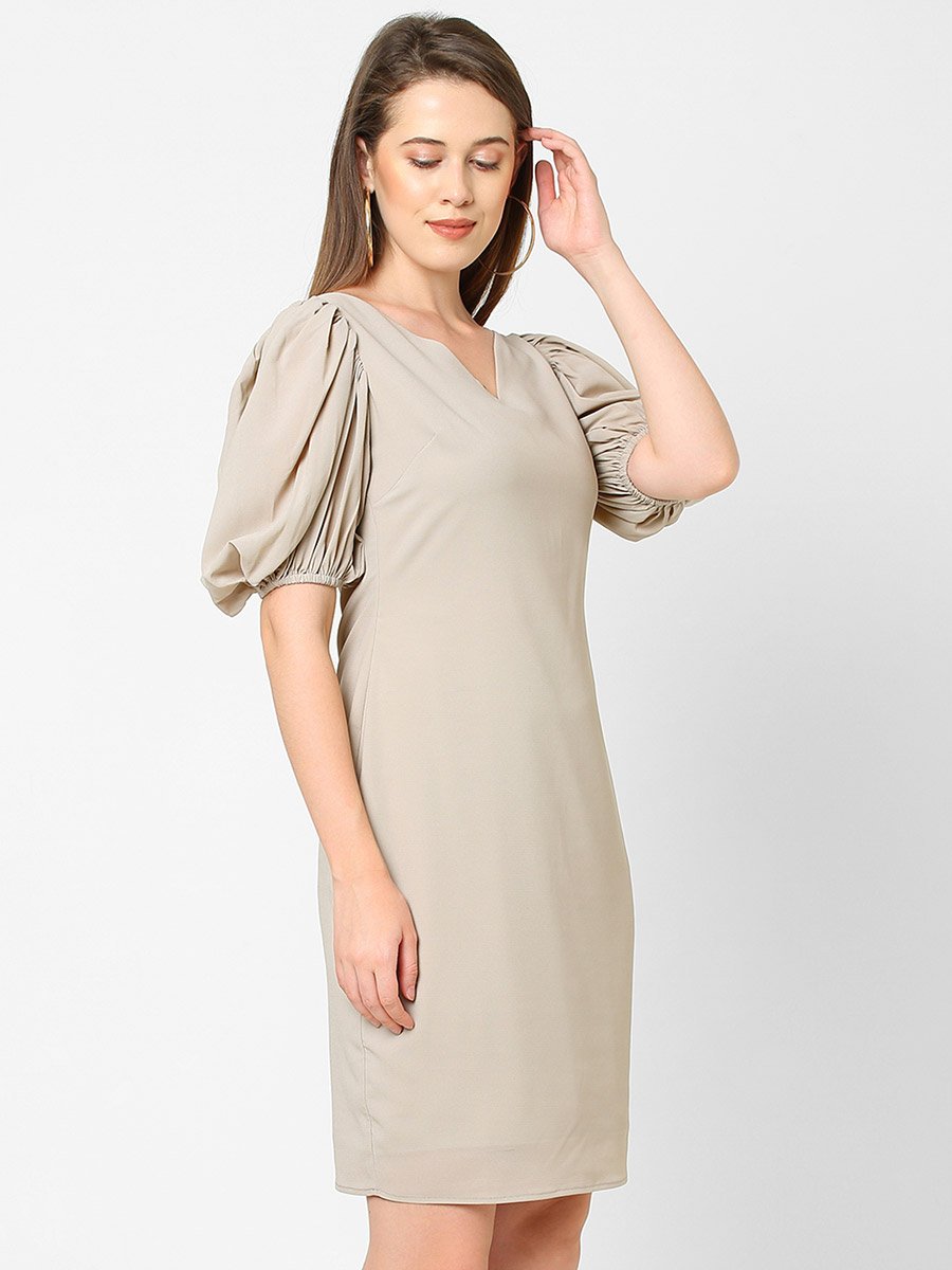 Women Grey Puff Sleeves Sheath Knee Length Dress
