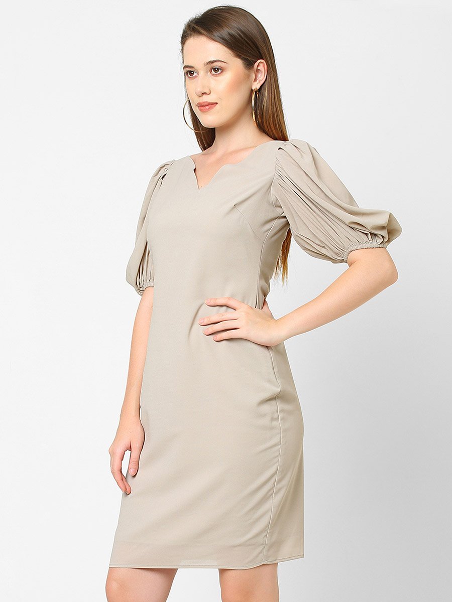 Women Grey Puff Sleeves Sheath Knee Length Dress