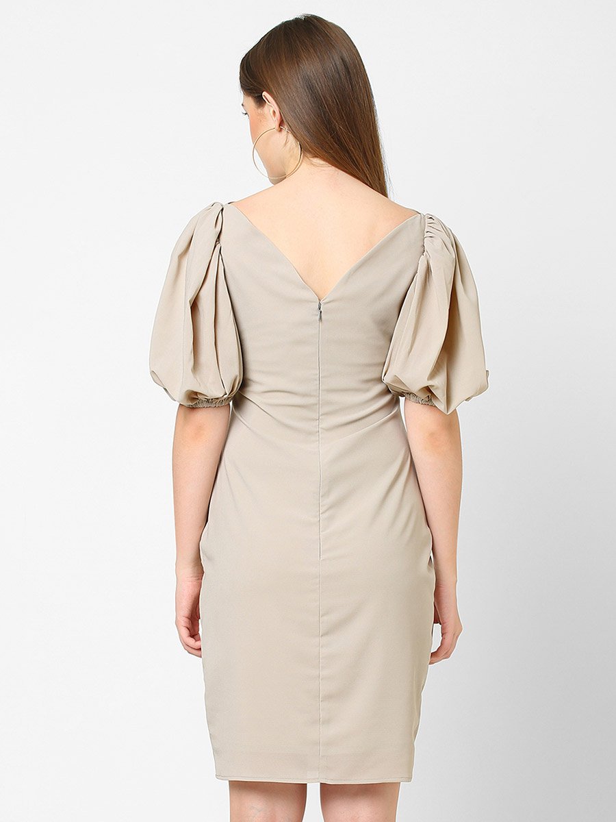 Women Grey Puff Sleeves Sheath Knee Length Dress
