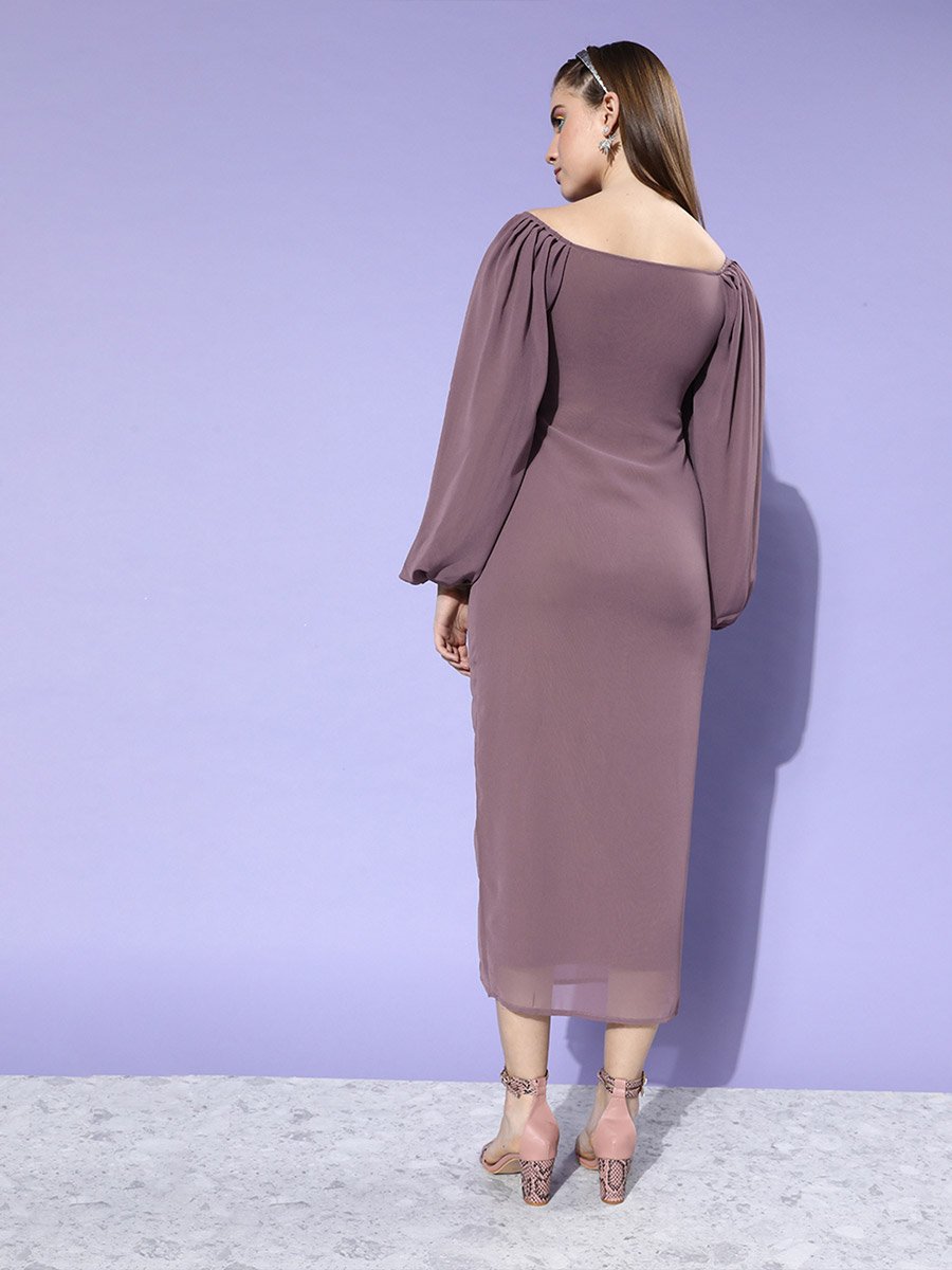 Women Lilac Balloon Sleeve Wrap Midi Dress with Cut-Out Detail