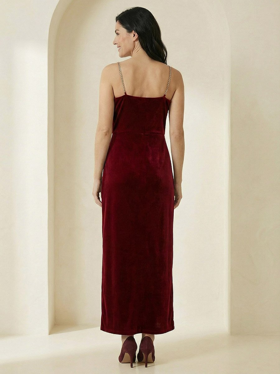 Women Maroon Strappy Velvet Maxi Dress