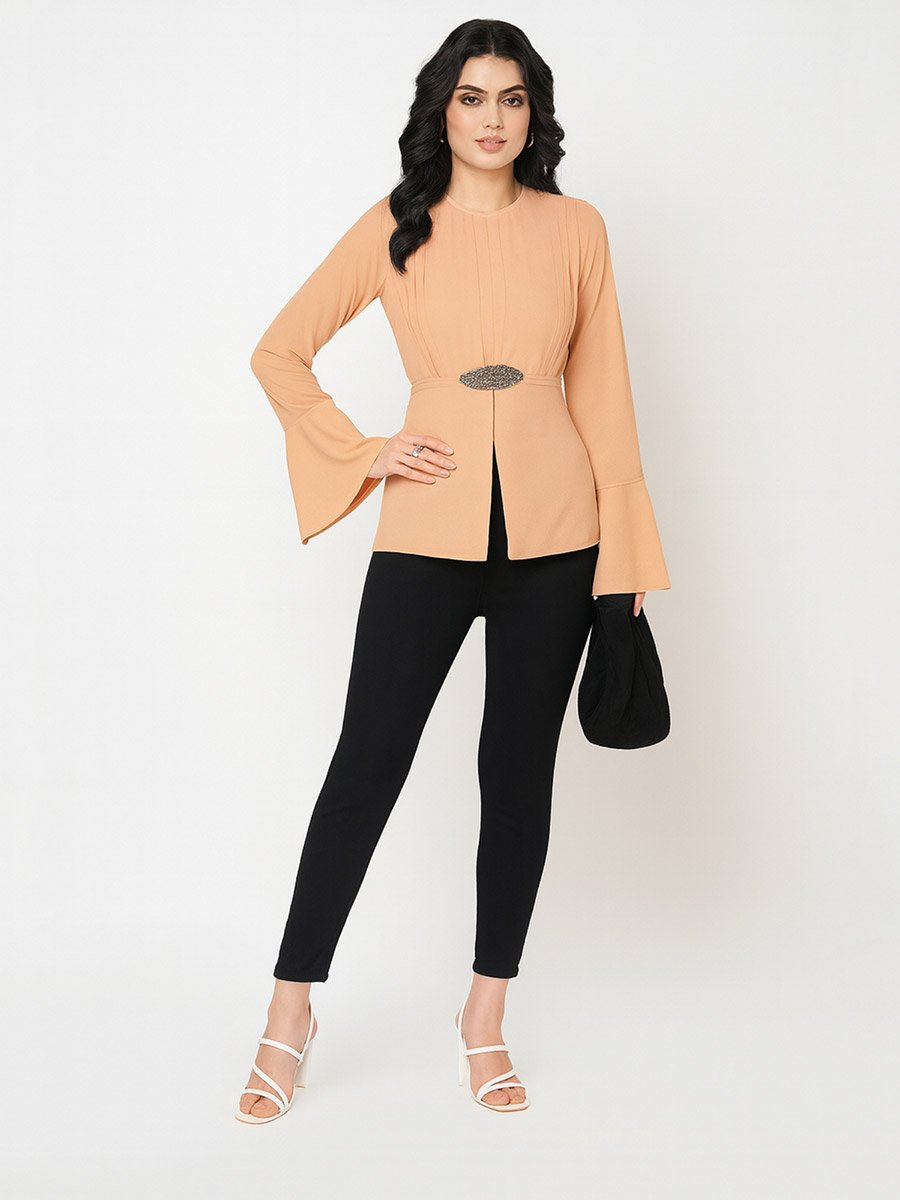 Peach Pleated Bell Sleeve Blouse