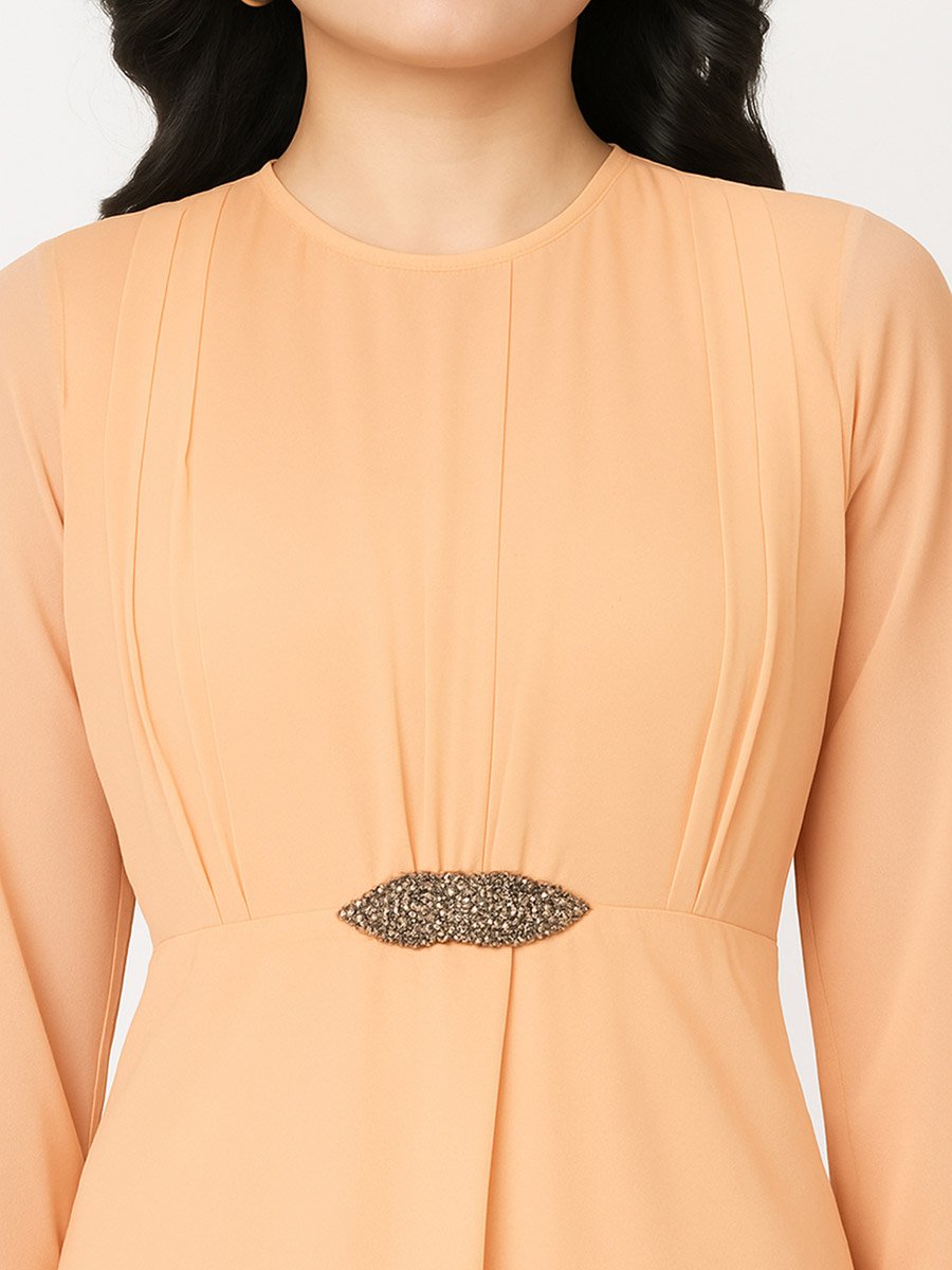 Peach Pleated Bell Sleeve Blouse