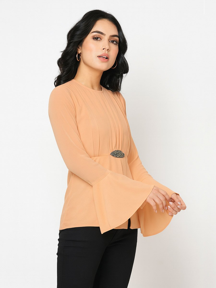 Peach Pleated Bell Sleeve Blouse