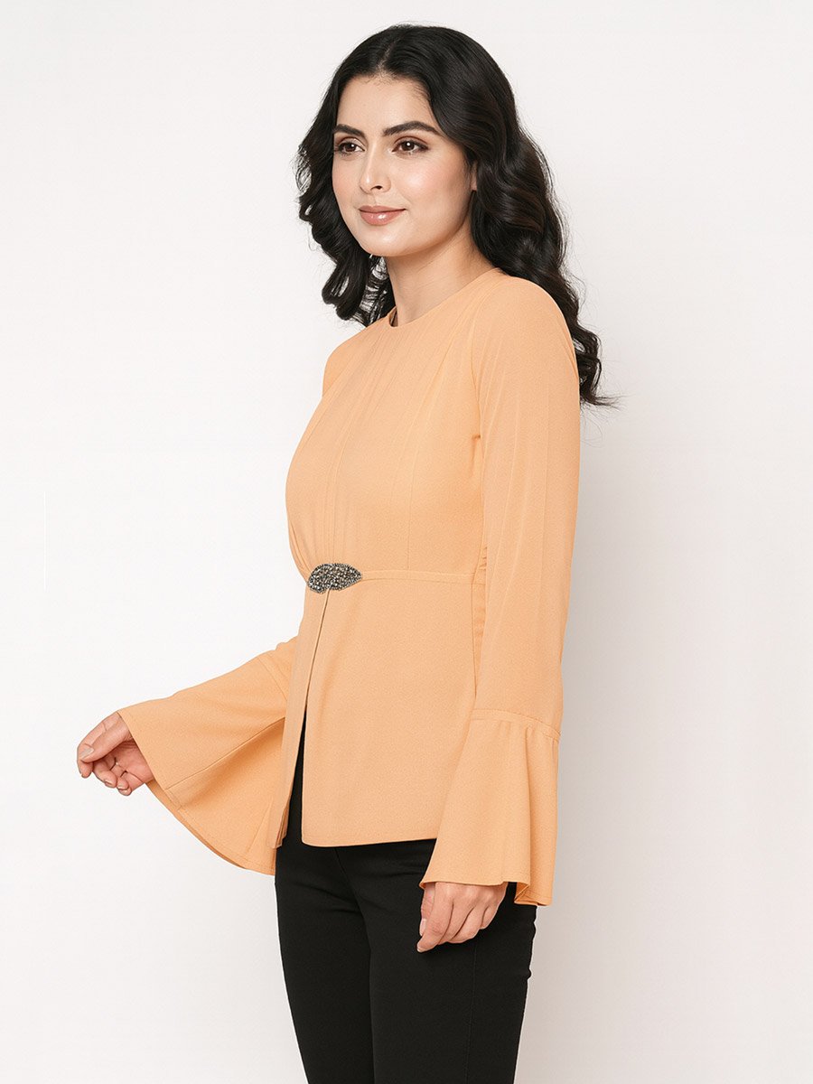 Peach Pleated Bell Sleeve Blouse