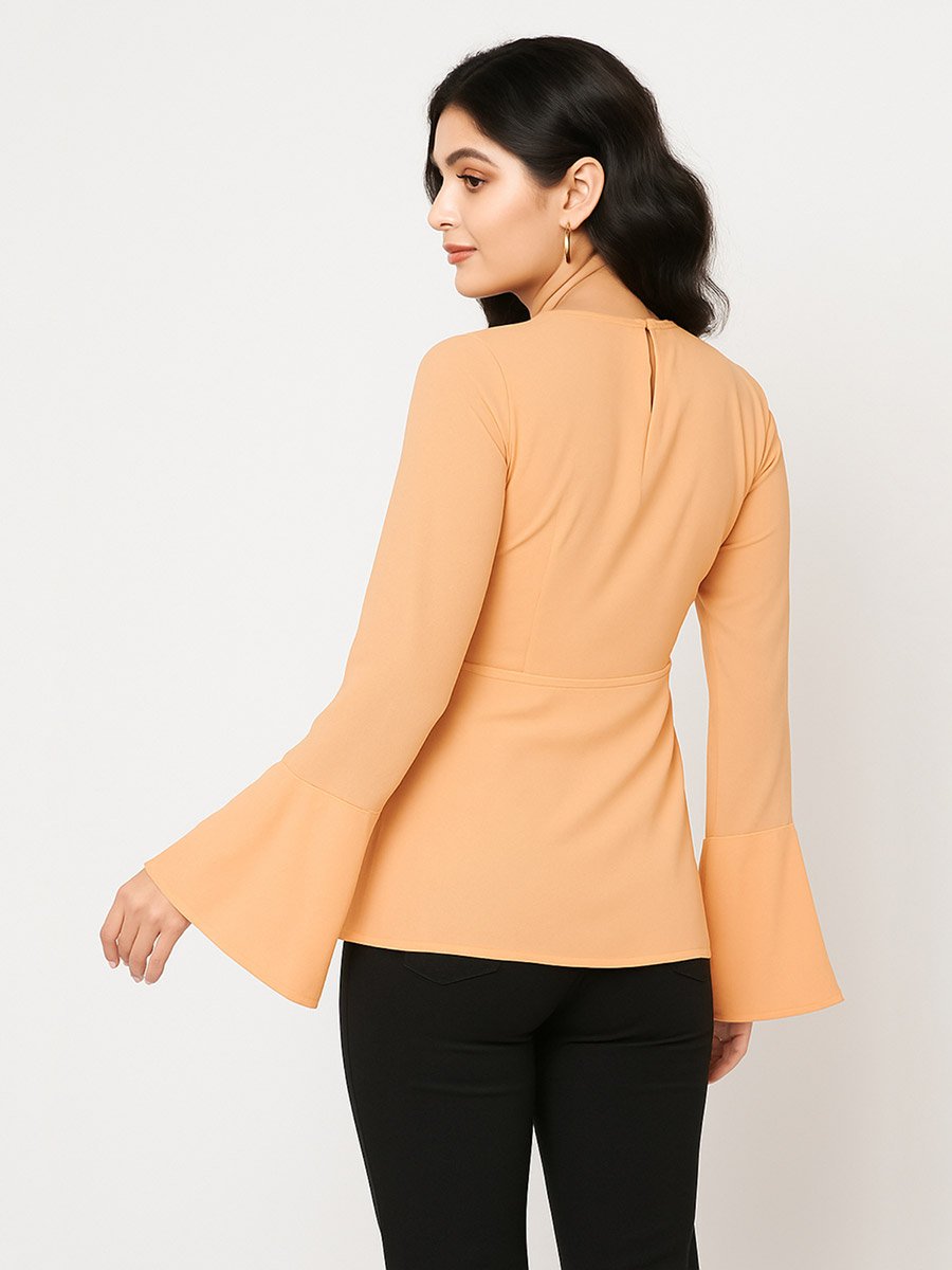Peach Pleated Bell Sleeve Blouse