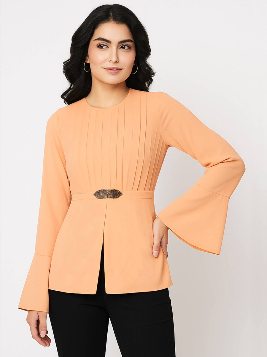 Peach Pleated Bell Sleeve Blouse