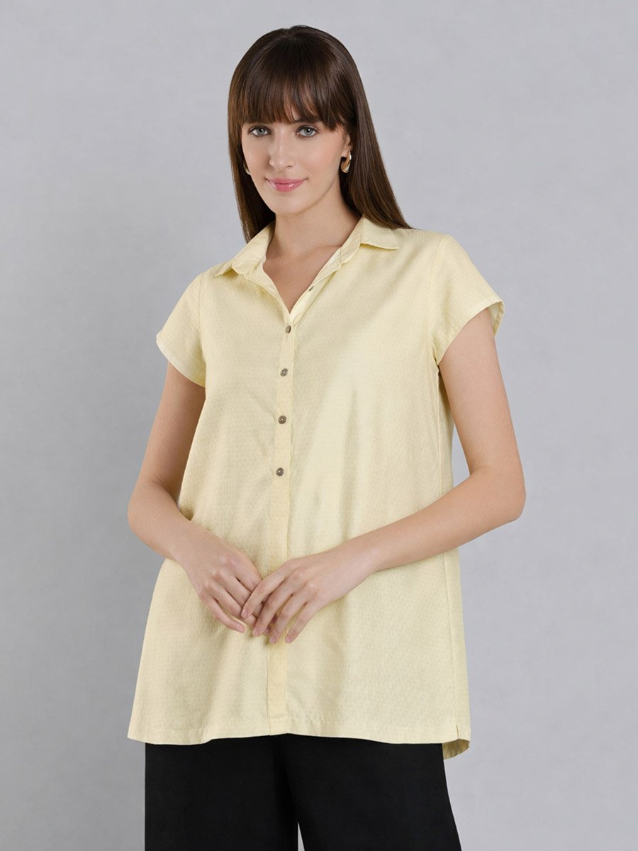 Women Yellow Short Sleeve Buttoned Shirt