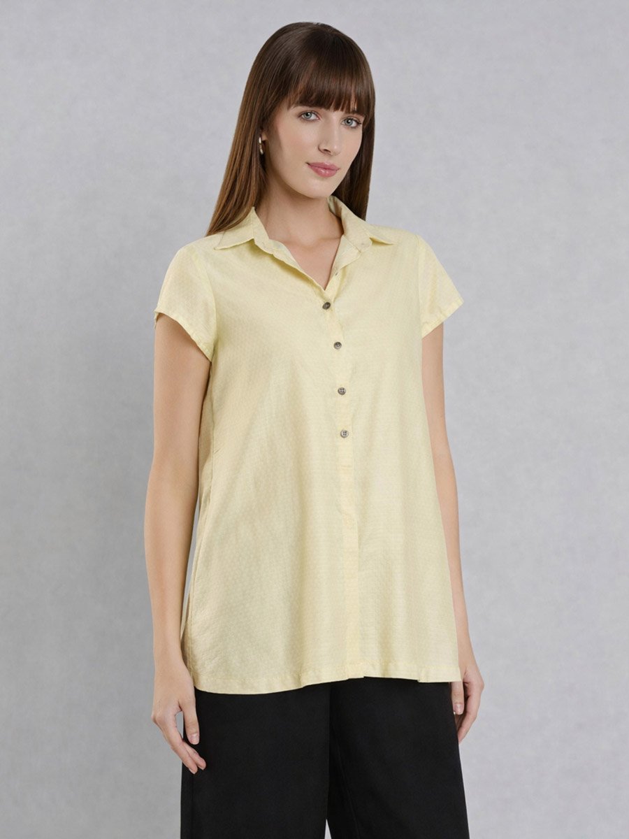 Women Yellow Short Sleeve Buttoned Shirt