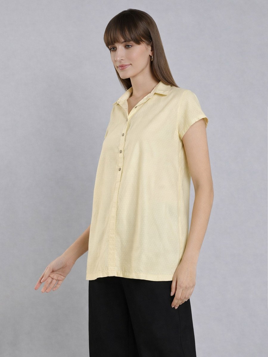 Women Yellow Short Sleeve Buttoned Shirt