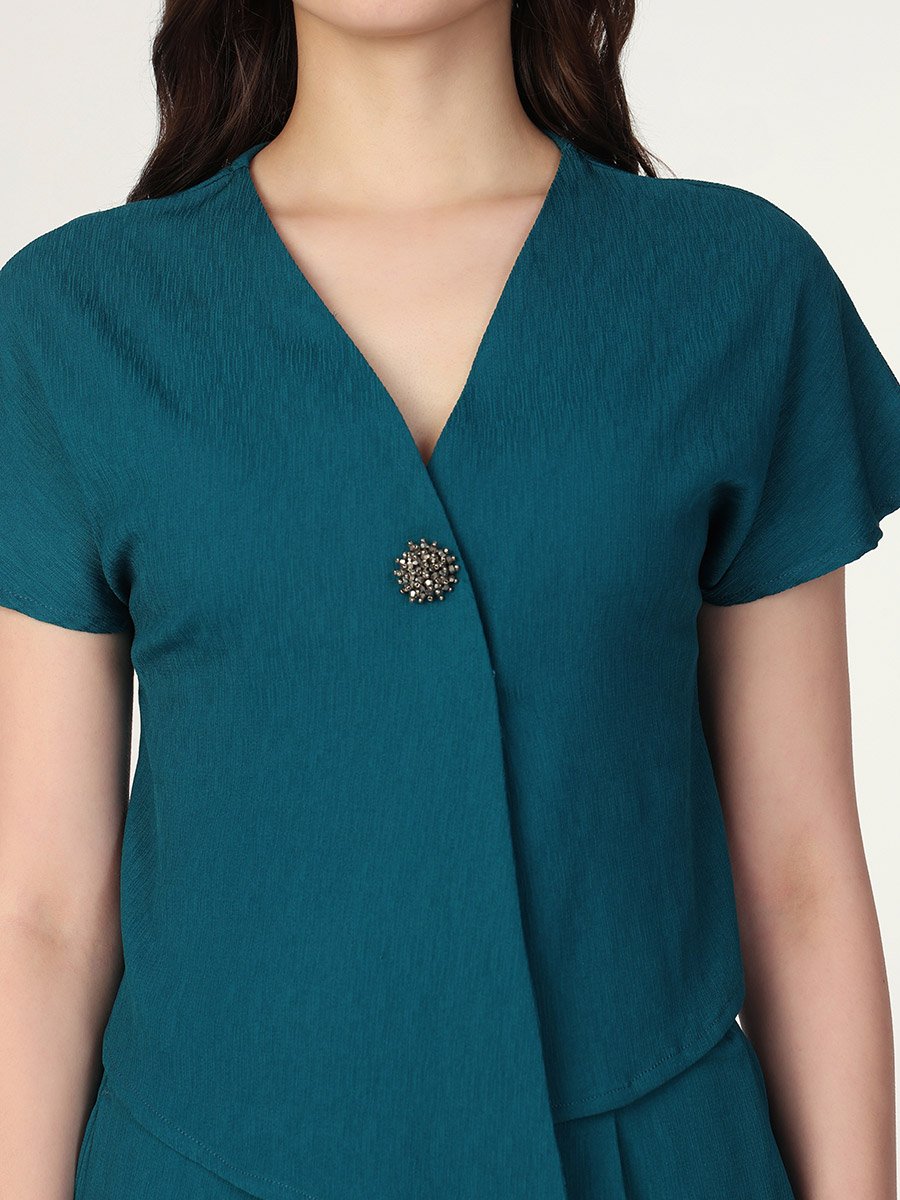 Women Green Buttoned Top and Trousers Co-Ords
