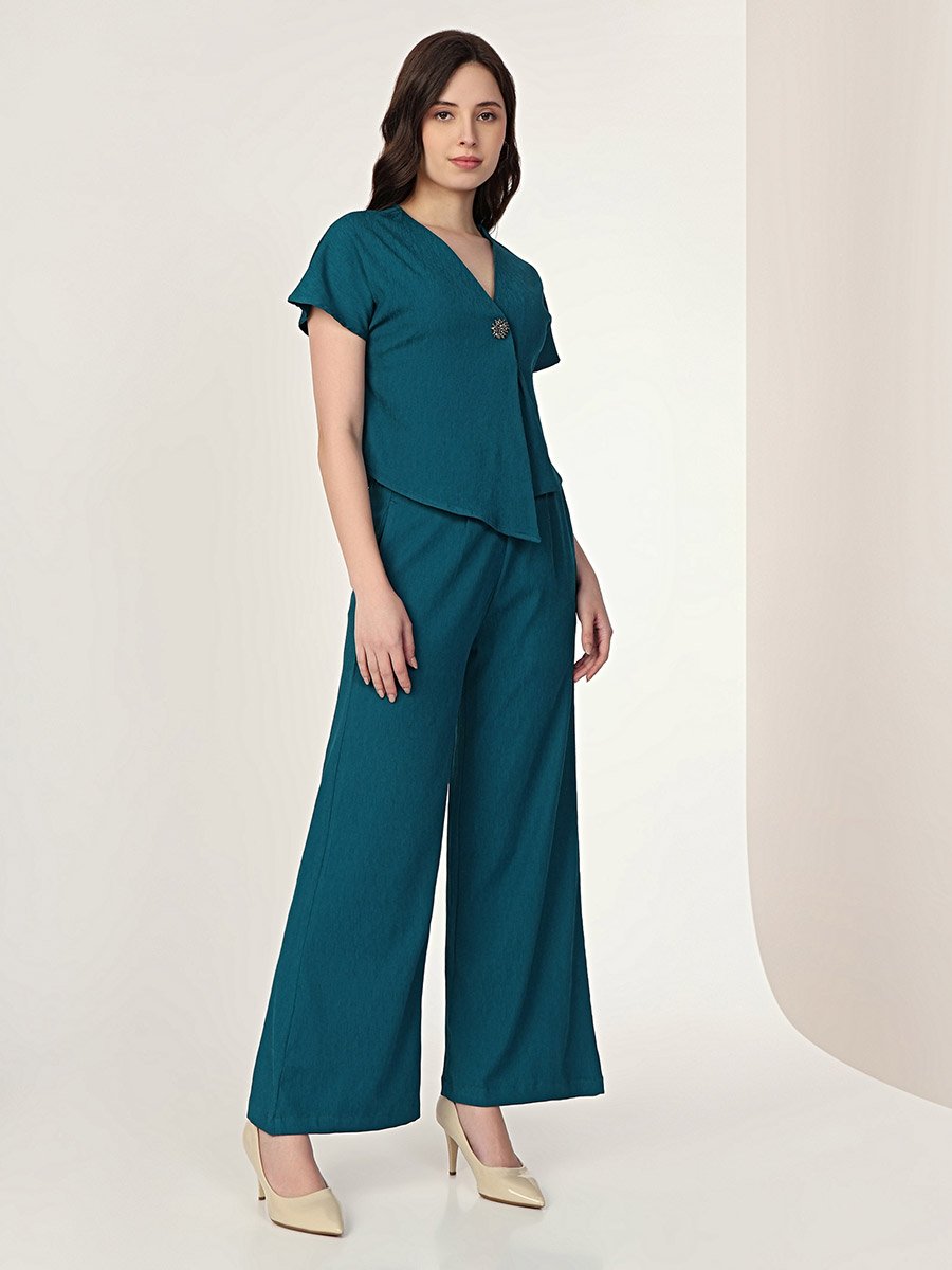 Women Green Buttoned Top and Trousers Co-Ords