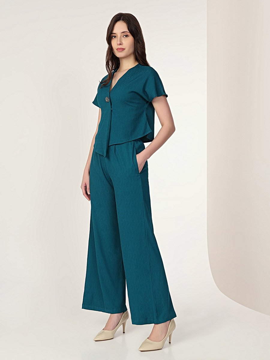 Women Green Buttoned Top and Trousers Co-Ords