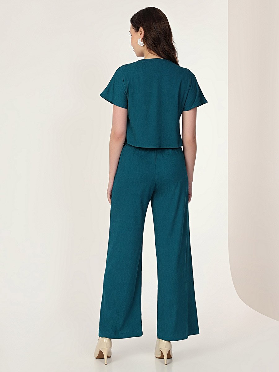 Women Green Buttoned Top and Trousers Co-Ords