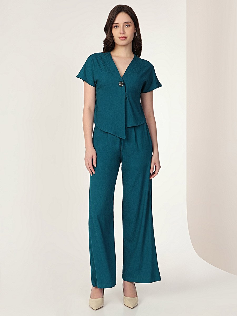 Women Green Buttoned Top and Trousers Co-Ords