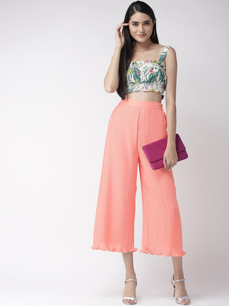 Women Peach Pleated Flared Trousers