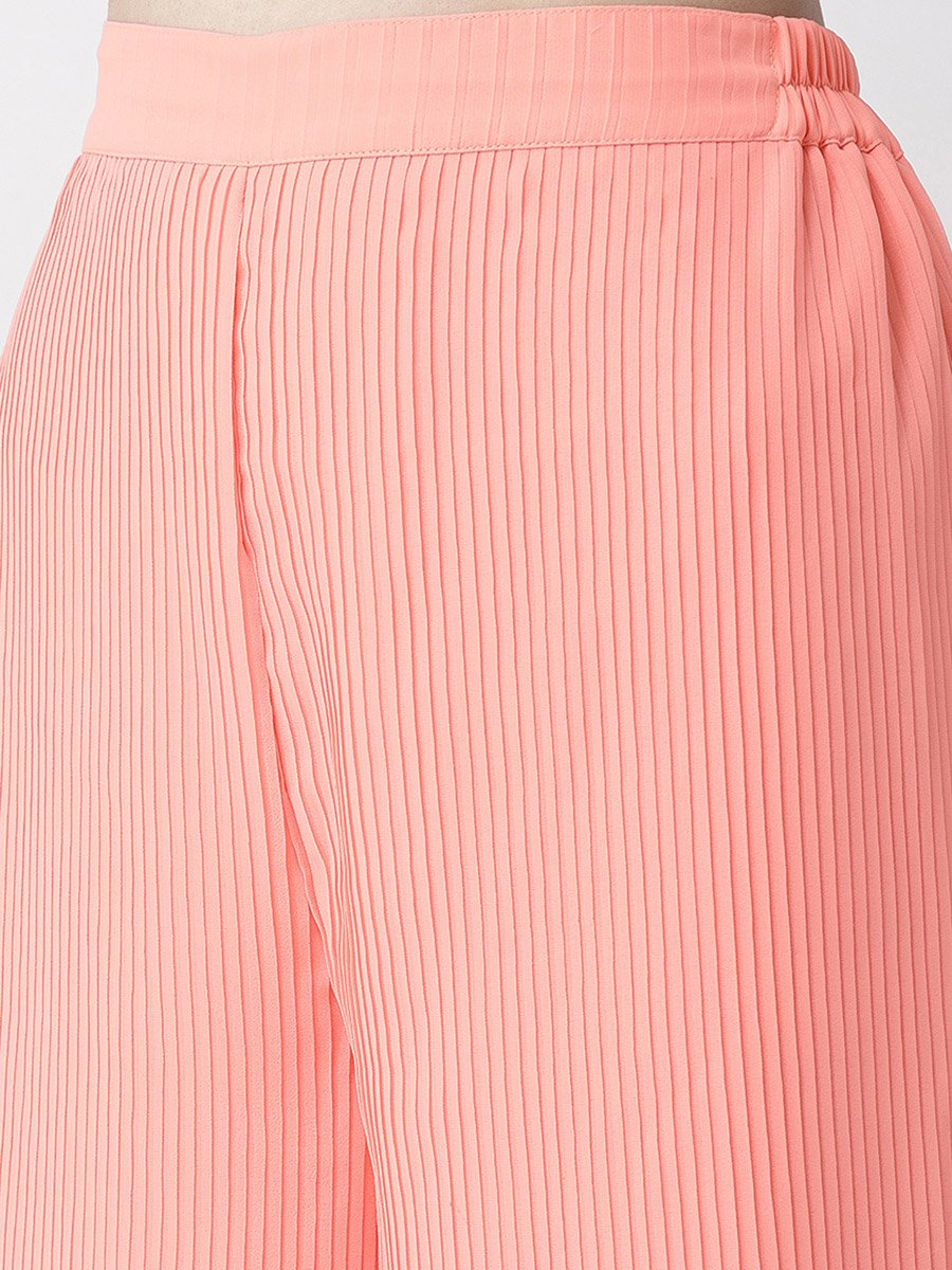 Women Peach Pleated Flared Trousers