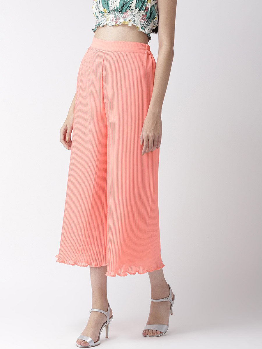 Women Peach Pleated Flared Trousers