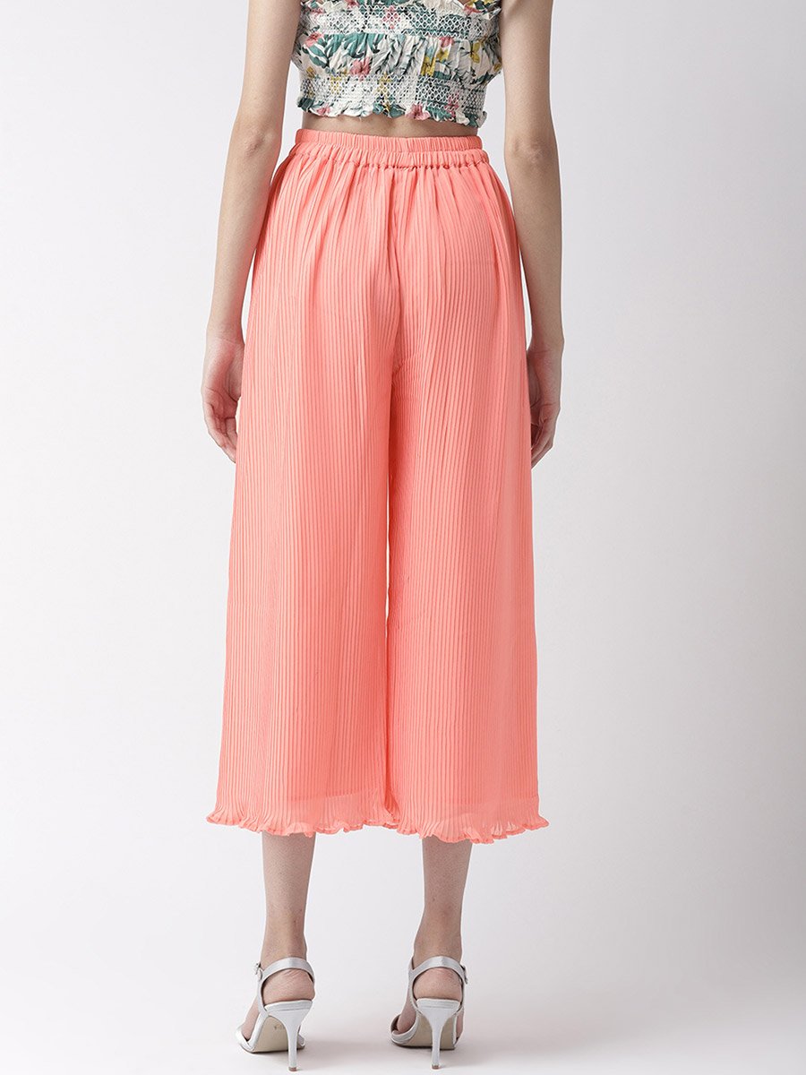 Women Peach Pleated Flared Trousers