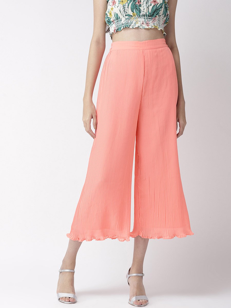 Women Peach Pleated Flared Trousers
