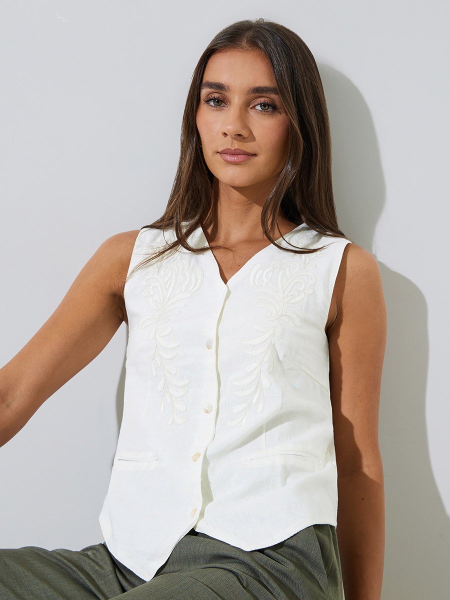 Off White Sleeveless Embroidered Waistcoat