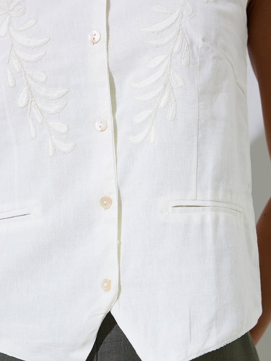 Off White Sleeveless Embroidered Waistcoat
