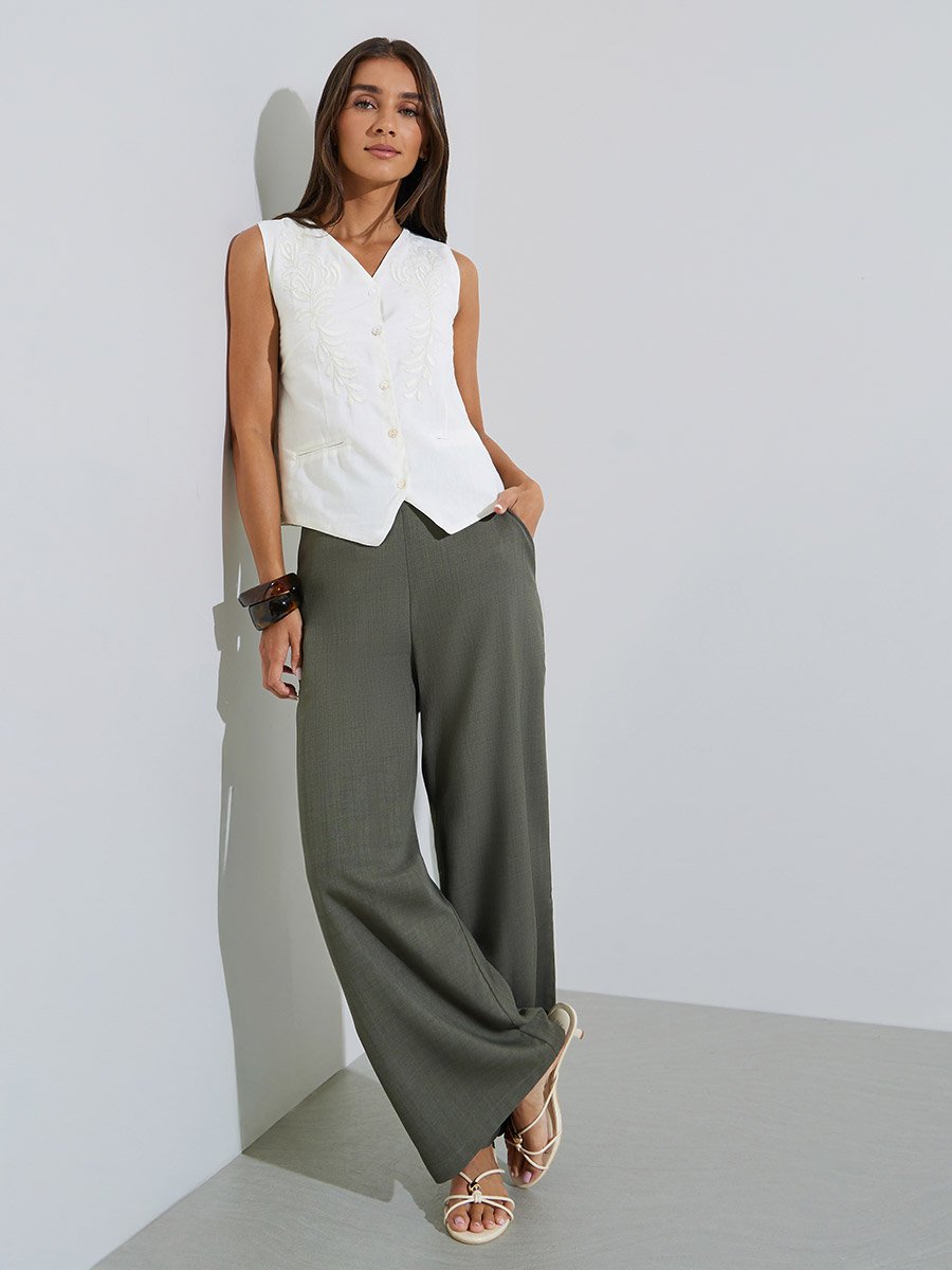 Off White Sleeveless Embroidered Waistcoat