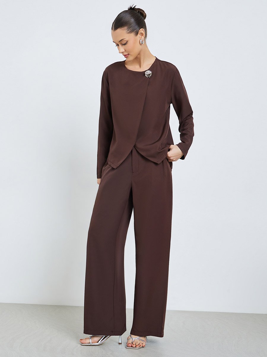 Brown Asymmetric Top and Wide Leg Trousers Co-Ords