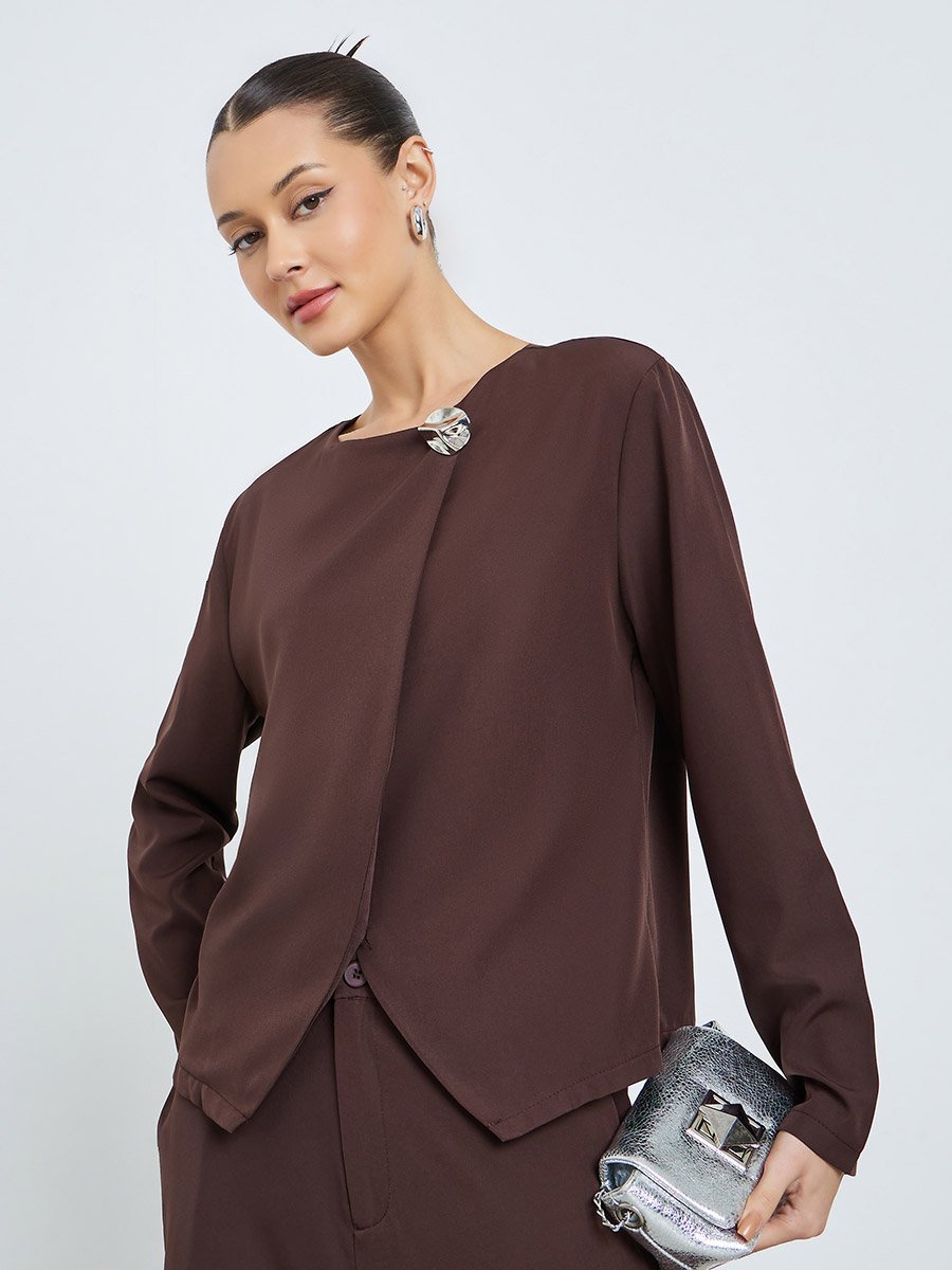 Brown Asymmetric Top and Wide Leg Trousers Co-Ords
