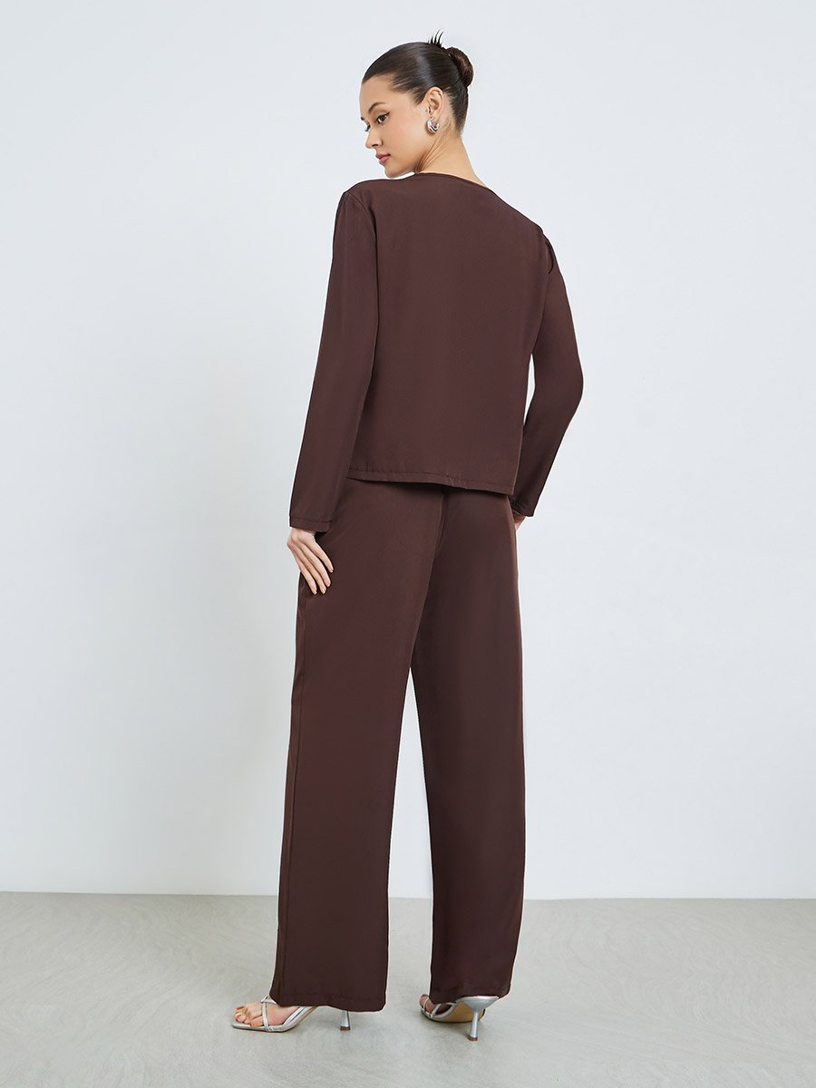 Brown Asymmetric Top and Wide Leg Trousers Co-Ords