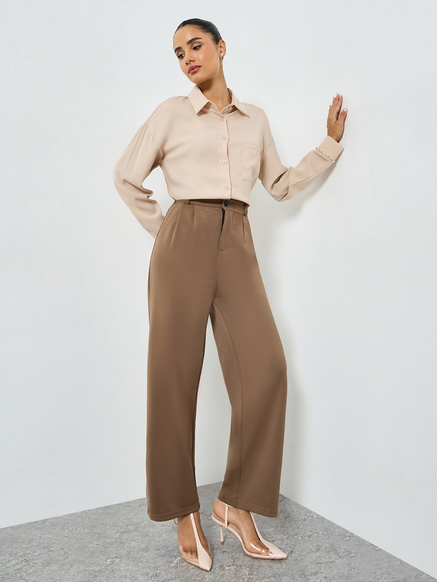Beige Embellished Cuff Buttoned Shirt