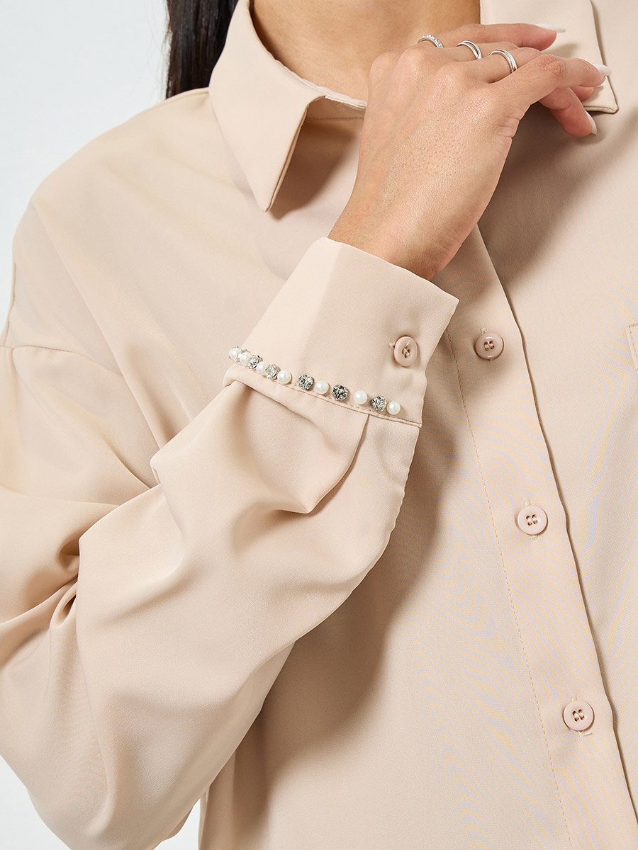 Beige Embellished Cuff Buttoned Shirt