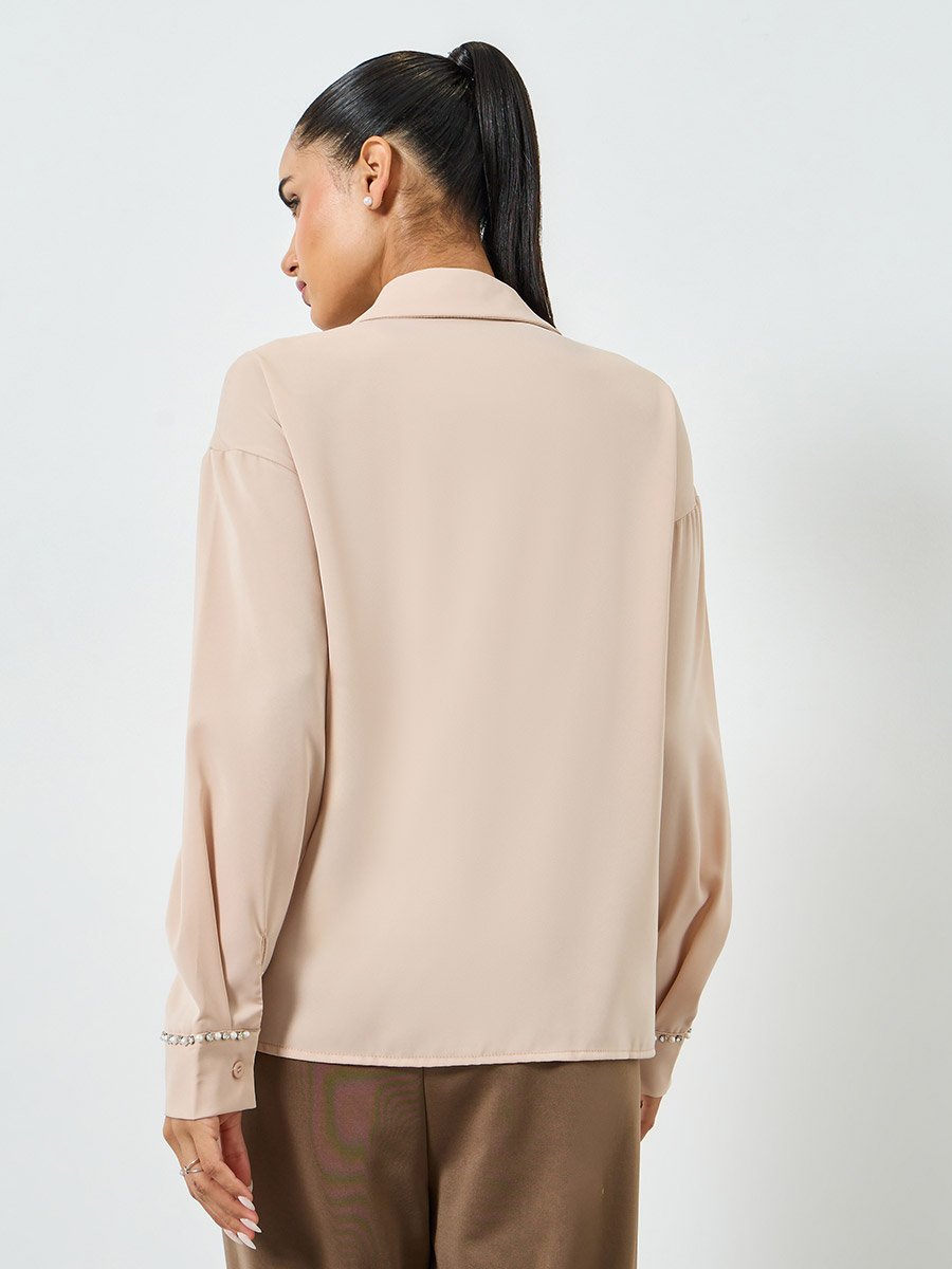 Beige Embellished Cuff Buttoned Shirt